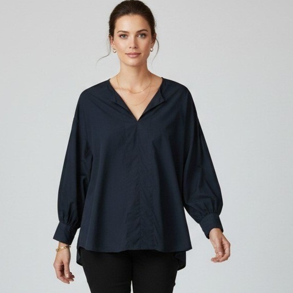Ann Mashburn Hunter Green Cotton Poplin Split Neck Oversized Blouse Top XL Women